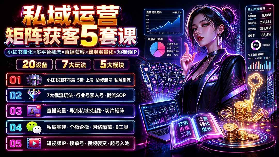 (7.31)私域运营矩阵获客5套课：小红书量化×多平台截流×直播获客×绿泡泡量化×短视频IP×20设备×7大玩法