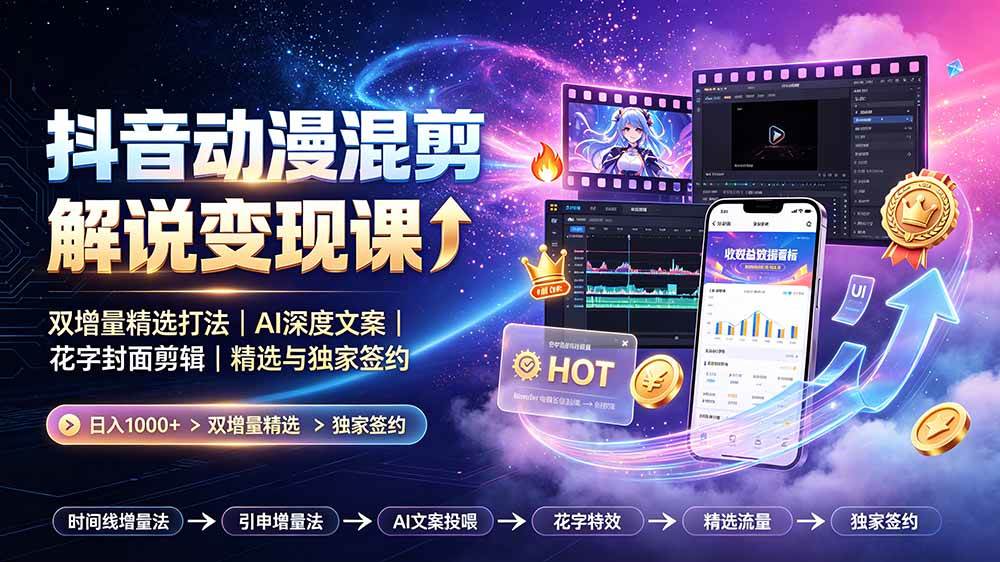 (7.13)抖音动漫混剪解说变现课：双增量精选打法｜AI深度文案｜花字封面剪辑｜ 精选与独家签约日入1000+