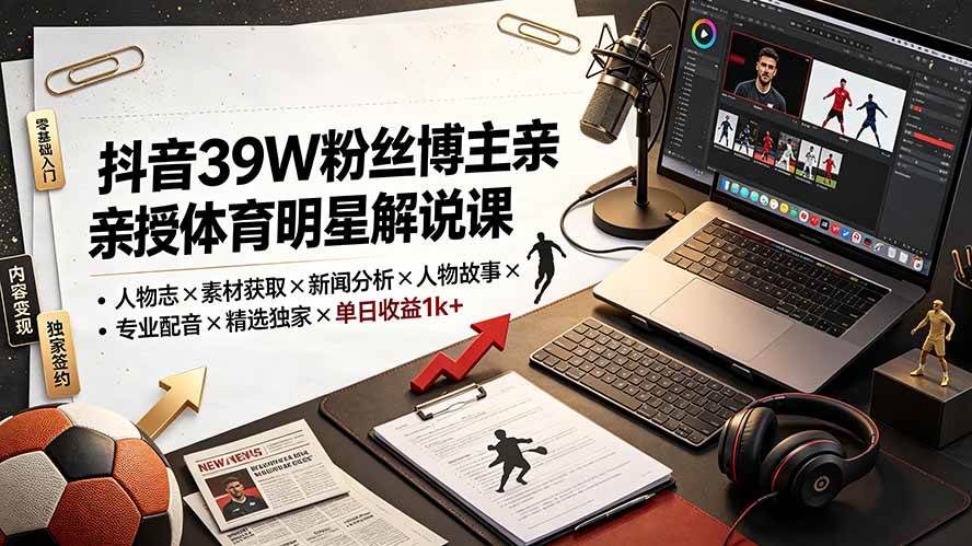 (7.22)抖音39W粉丝博主亲授体育明星解说课：人物志×素材获取×新闻分析×人物故事×专业配音×精选独家×单日收益1k+