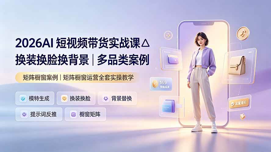 (7.22)2026AI短视频带货实战课△换装换脸换背景｜多品类案例｜矩阵橱窗运营全套实操教学