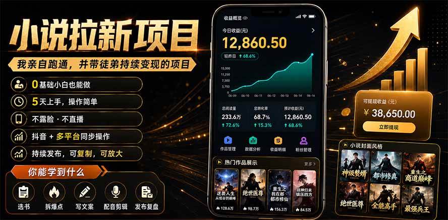 (7.17)抖音及多平台小说拉新项目：我亲自跑通并持续带徒弟实操｜0基础小白5天上手快速变现
