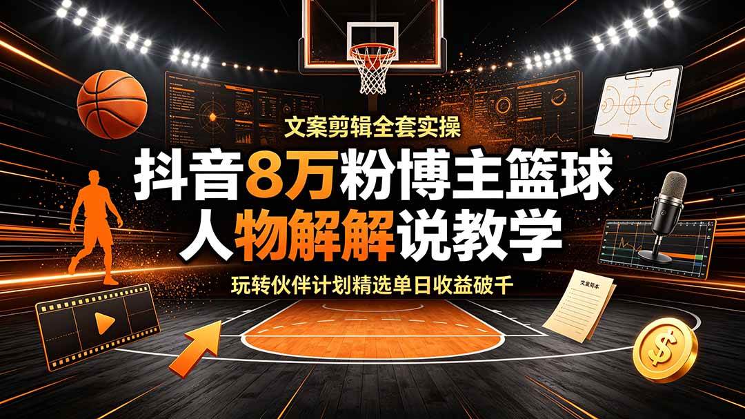 (7.02)抖音8万粉博主篮球人物解说教学，文案剪辑全套实操，玩转伙伴计划精选单日收益破千
