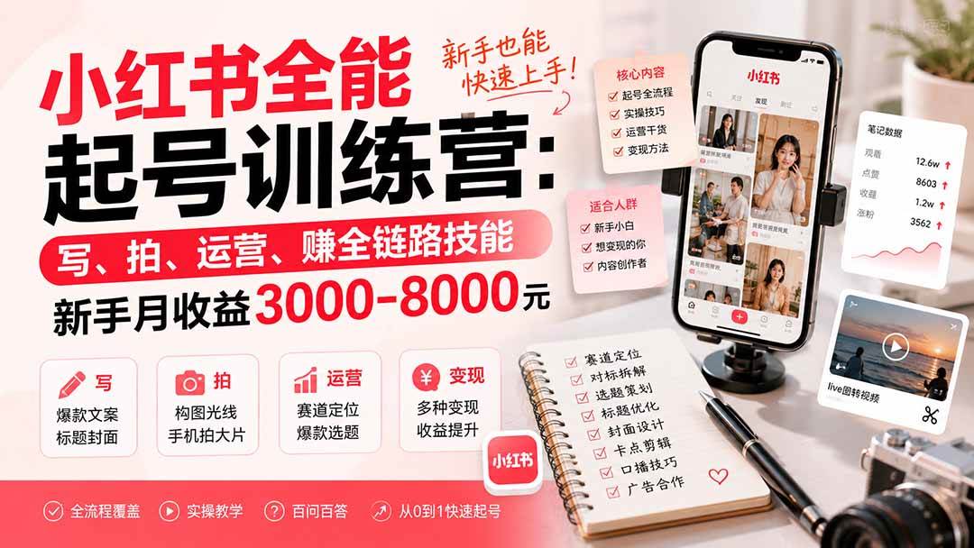 (8.19)小红书全能起号训练营-更新：写、拍、运营、赚全链路技能，新手月收益3000-8000元