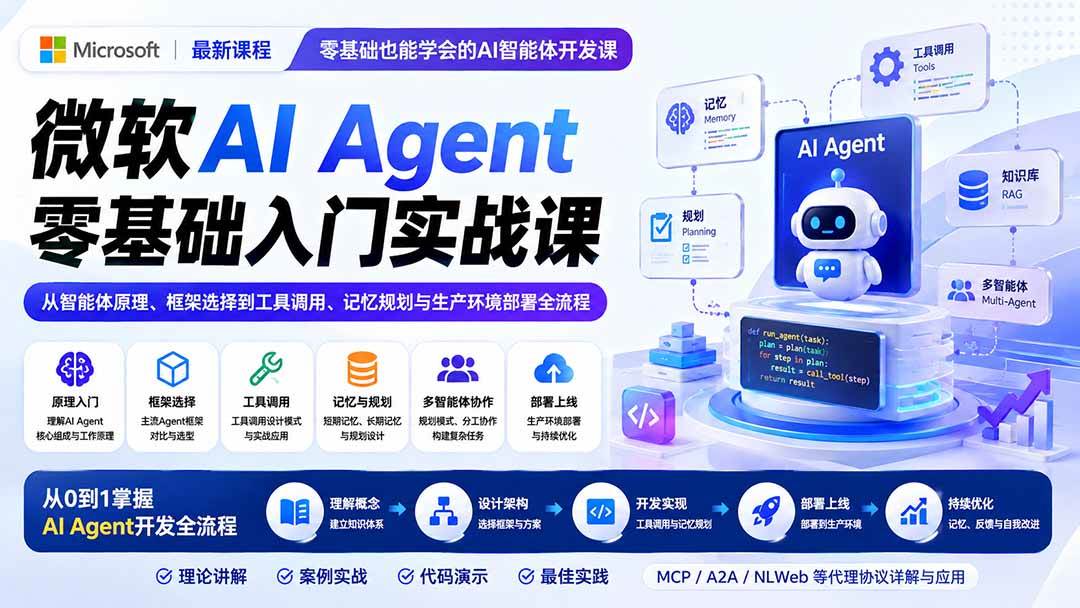 (8.21)微软AI Agent零基础入门实战课：从智能体原理、框架选择到工具调用、记忆规划与生产环境部署全流程