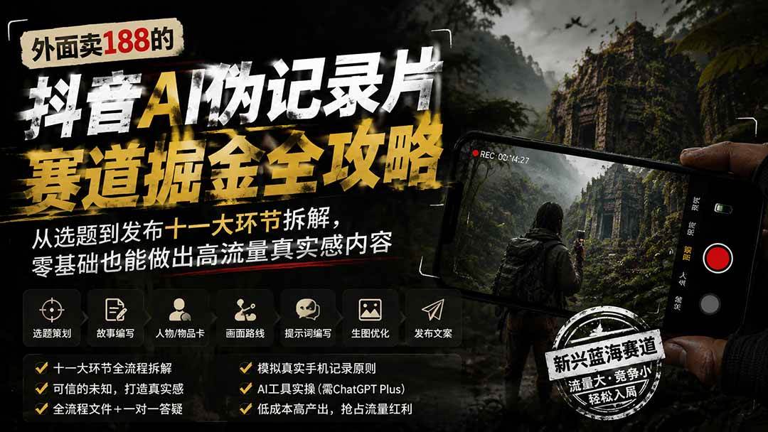(8.07)外面卖188的抖音AI伪记录片赛道掘金全攻略；从选题到发布十一大环节拆解，零基础也能做出高流量真实感内容