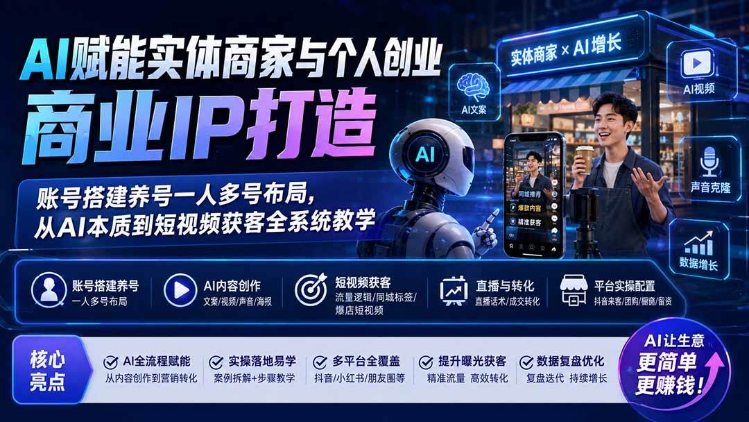 (8.13)AI赋能实体商家与个人创业商业IP打造；账号搭建养号一人多号布局，从AI本质到短视频获客全系统教学