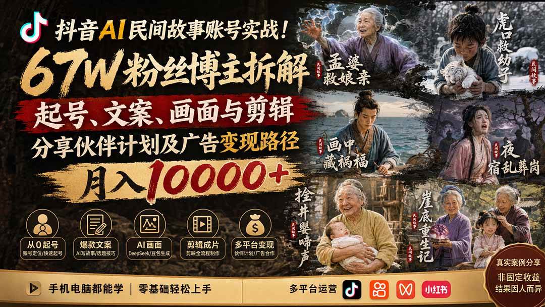 (8.19)抖音AI民间故事账号实战！67W粉丝博主拆解起号、文案、画面与剪辑，分享伙伴计划及广告变现路径，月入10000+