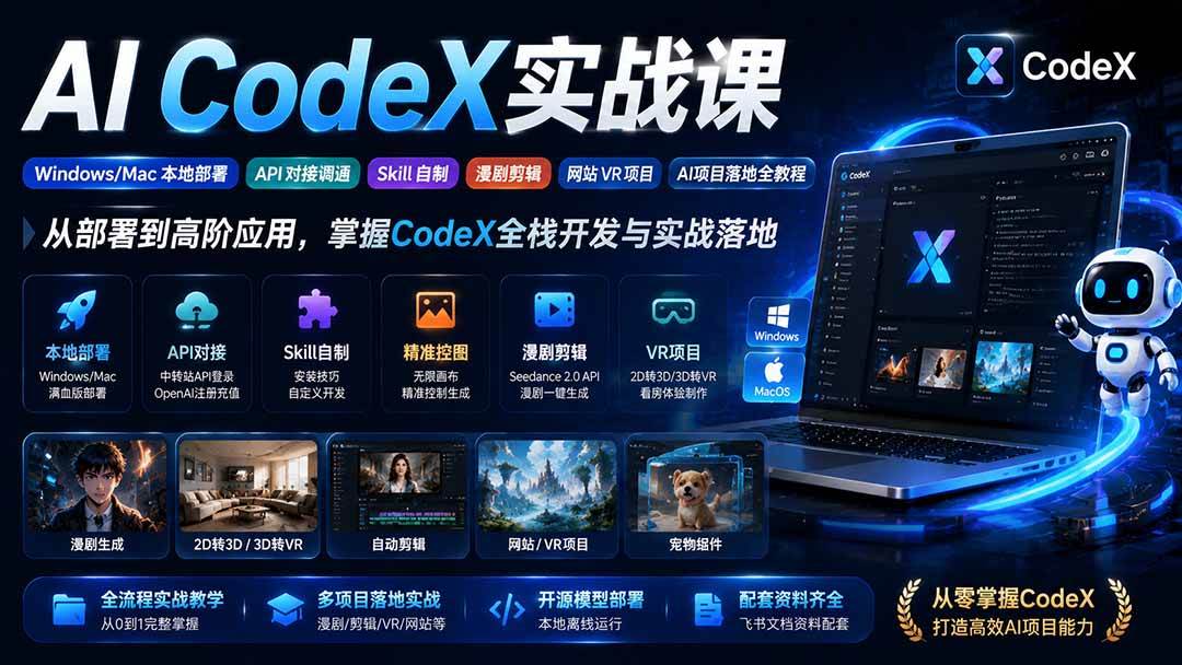 (8.09)AI  CodeX实战课｜Windows/Mac 本地部署｜API 对接调通｜Skill 自制｜漫剧剪辑｜网站 VR 项目｜AI项目落地全教程