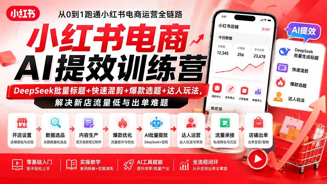 (8.20)小红书电商AI提效训练营—DeepSeek批量标题+快速混剪+爆款选题+达人玩法，解决新店流量低与出单难题