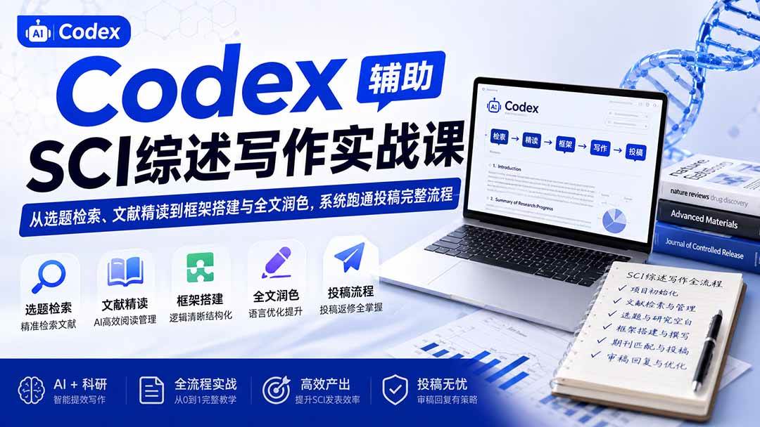 (8.20)Codex辅助SCI综述写作实战课——从选题检索、文献精读到框架搭建与全文润色，系统跑通投稿完整流程