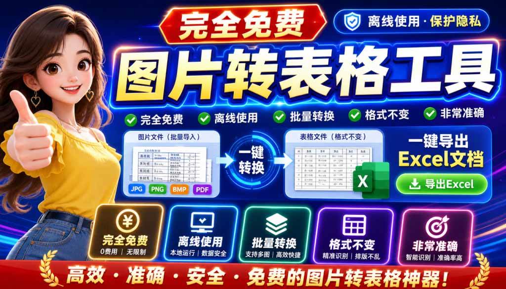 (8.21)图片表格识别提取工具，支持一键从图片中智能提取表格并导出Excel文件，可离线免网运行，FastTableOCR